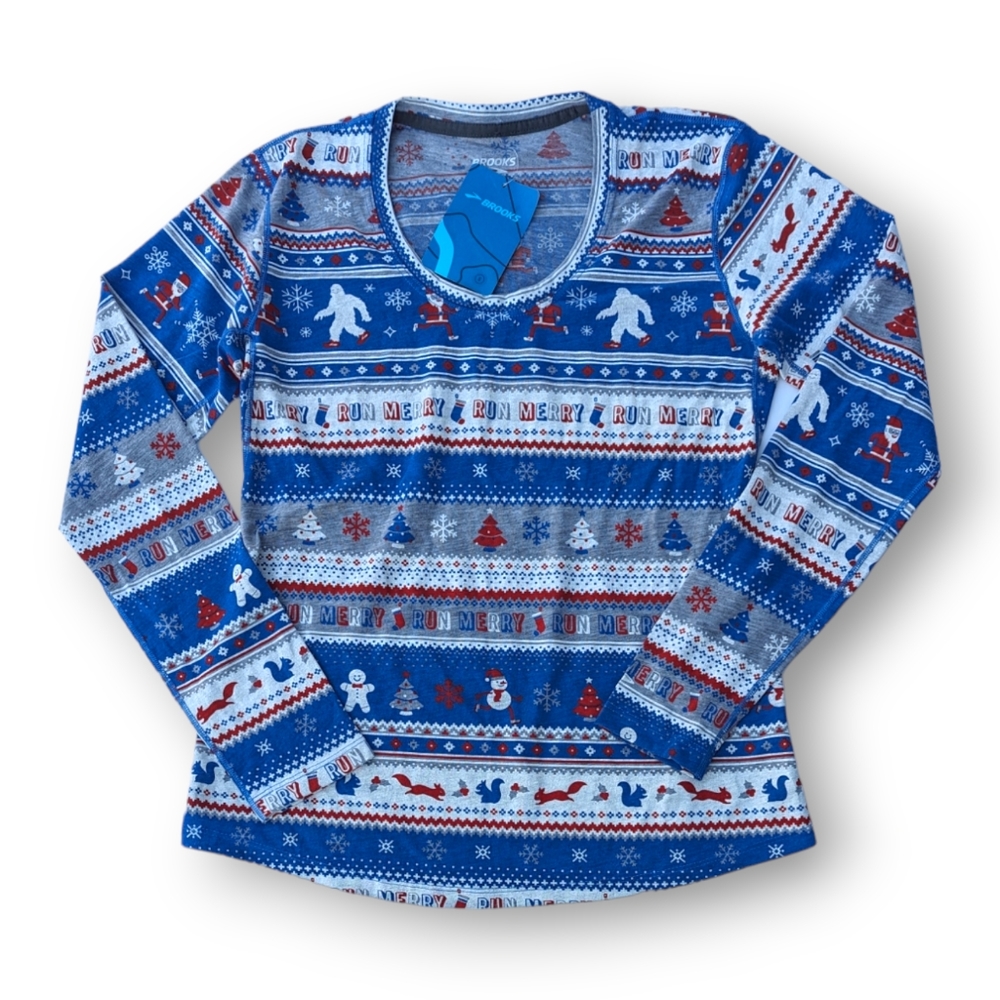 Brooks Run Merry Distance Graphic Long Sleeve Santa Snowman Womens Sz Small